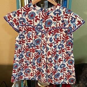Handmade Cotton Block Print Floral Red and Blue Woven T-shirt